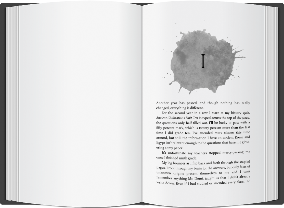 Book mockup of blood splatter chapter heading