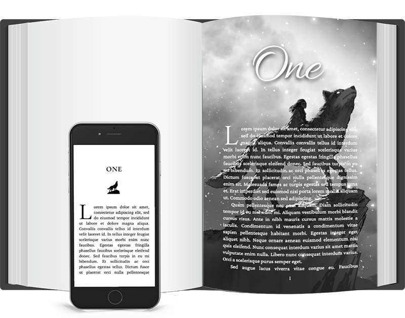 Book Mockup with artwork of chapter image of a girl riding a wolf.